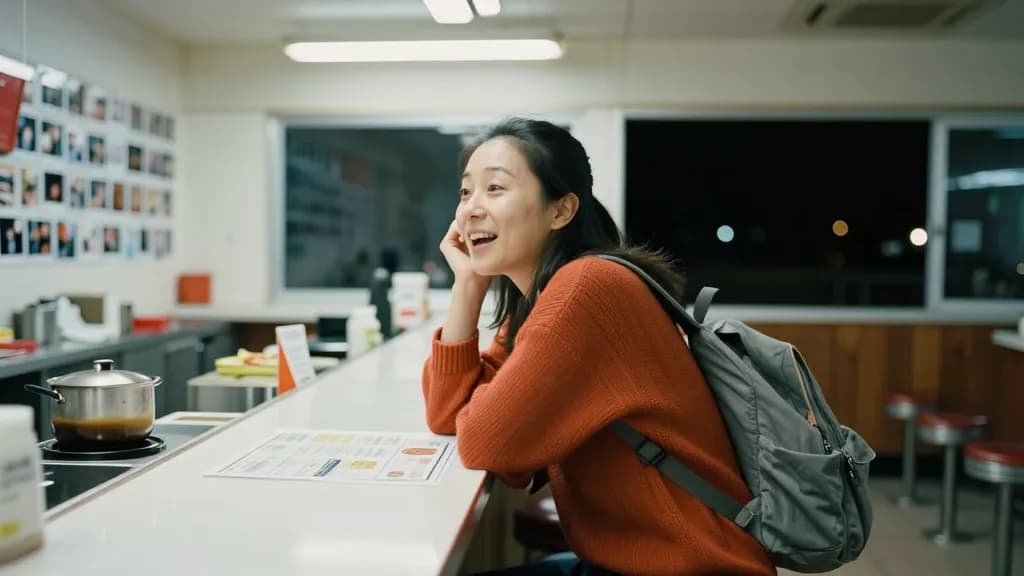 An East Asian woman in her mid thirties with long hair pushed back behind her ears is standing at the counter of a fluorescent-lit roadside diner at two in t…