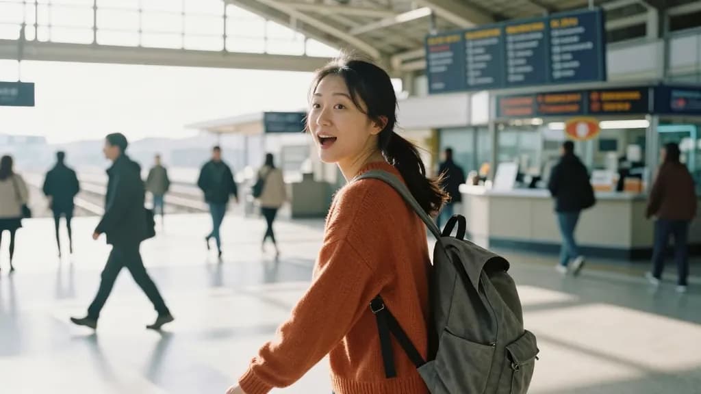 An East Asian woman in her mid thirties with long hair pushed back behind her ears is walking out into a train station arrivals hall in the morning, the back…