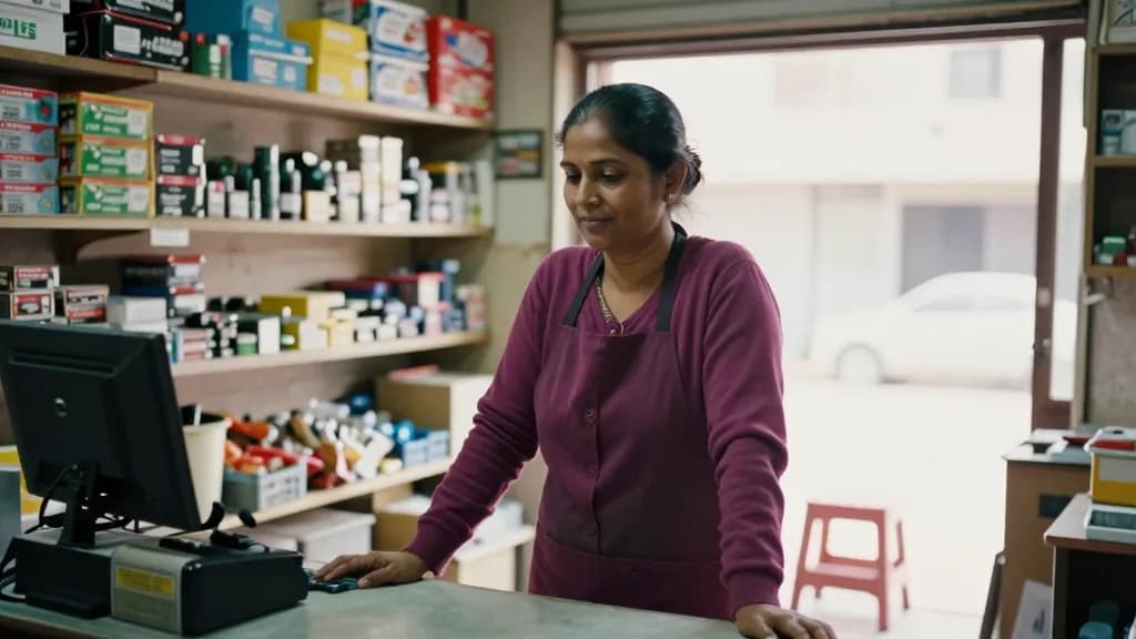 A South Asian woman in her forties with hair in a low bun is standing behind the counter of a small hardware shop, deep shelves of boxed fittings rising behi…