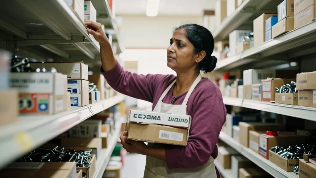 A South Asian woman in her forties with hair in a low bun is restocking a shelf from an open carton, boxes of fittings in her arms and the carton at her feet…
