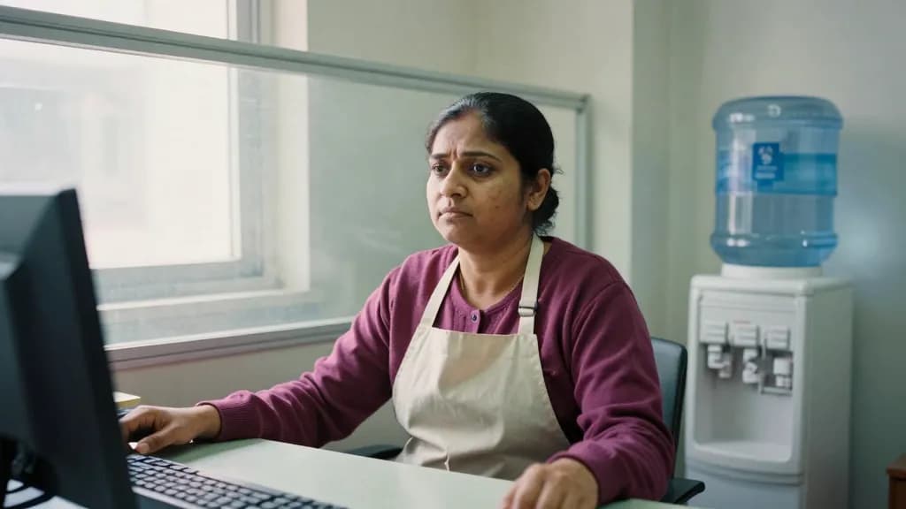 A South Asian woman in her forties with hair in a low bun is sitting across a desk from a bank adviser in a small branch office, a glass partition behind and…