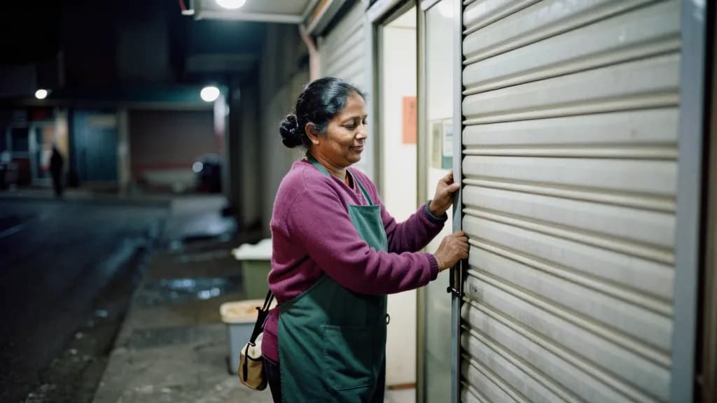 A South Asian woman in her forties with hair in a low bun is locking the shop door at the end of a winter day, the shutter half down and the street dark and…