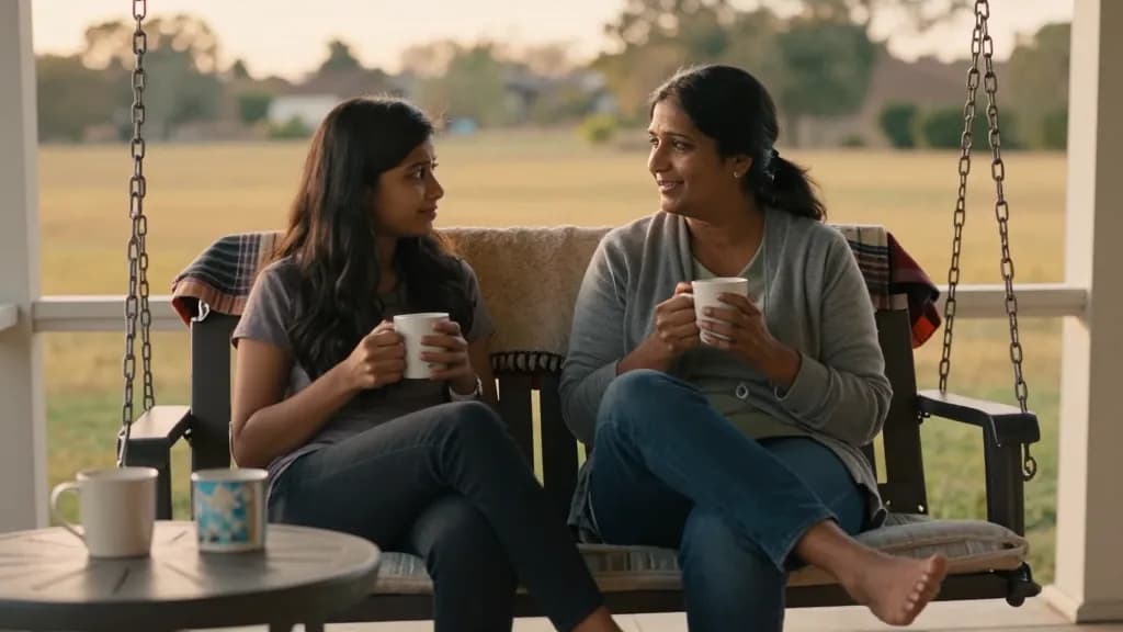 A South Asian woman in her forties with long dark hair worn loose is sitting on a porch swing beside her adult daughter in the early evening, two mugs on the…