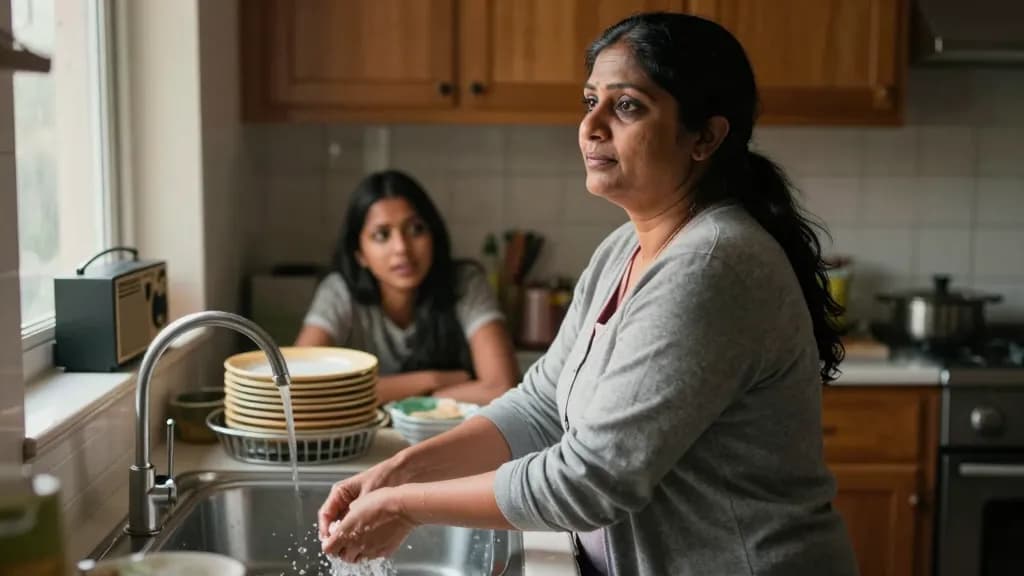 A South Asian woman in her forties with long dark hair worn loose is standing at a kitchen sink washing up while a younger woman in her late twenties sits at…