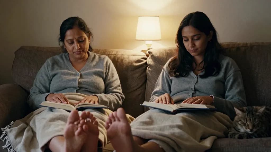 A South Asian woman in her forties with long dark hair worn loose is sitting at one end of a sofa with a younger woman in her late twenties at the other, bot…