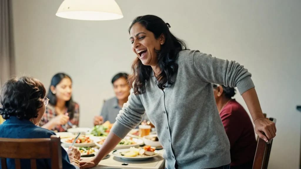 A South Asian woman in her forties with long dark hair worn loose is at a crowded family dinner table with three generations around it, dishes down the middl…