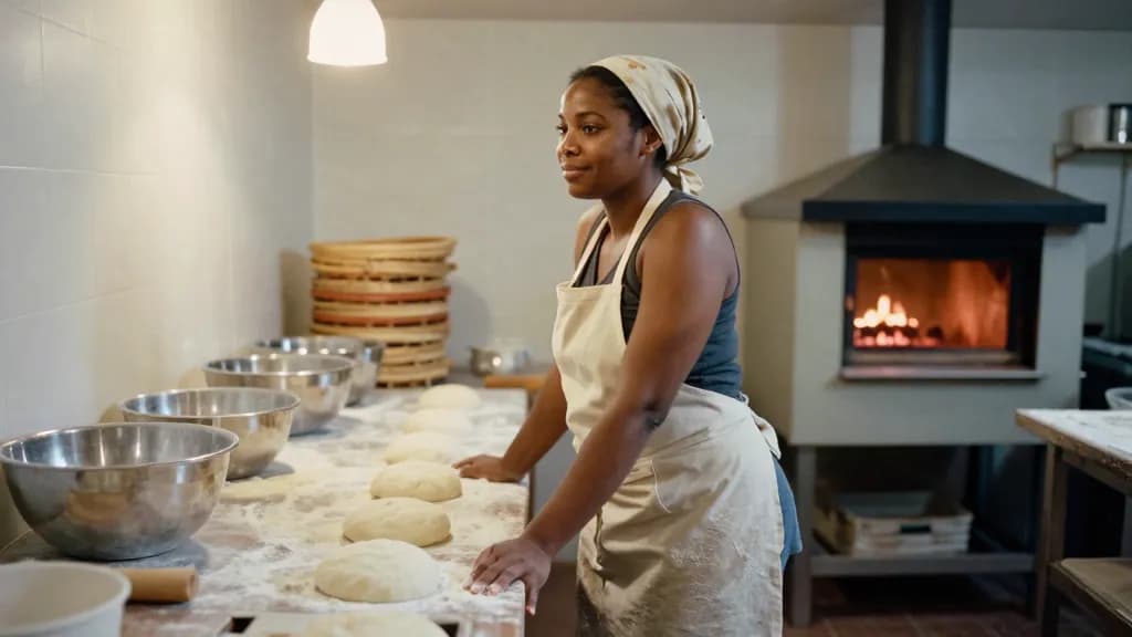 A Black woman in her late twenties with hair tied under a cotton scarf is standing in a small bakery kitchen before dawn, steel bowls and proving baskets ran…