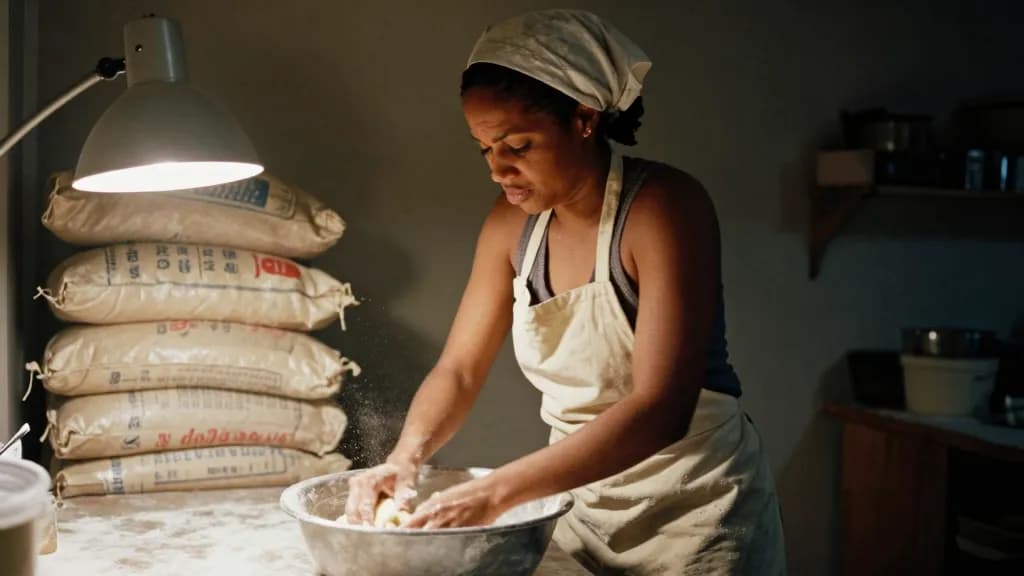 A Black woman in her late twenties with hair tied under a cotton scarf is mixing dough in a large steel bowl at midnight, the bakery dark except for one work…