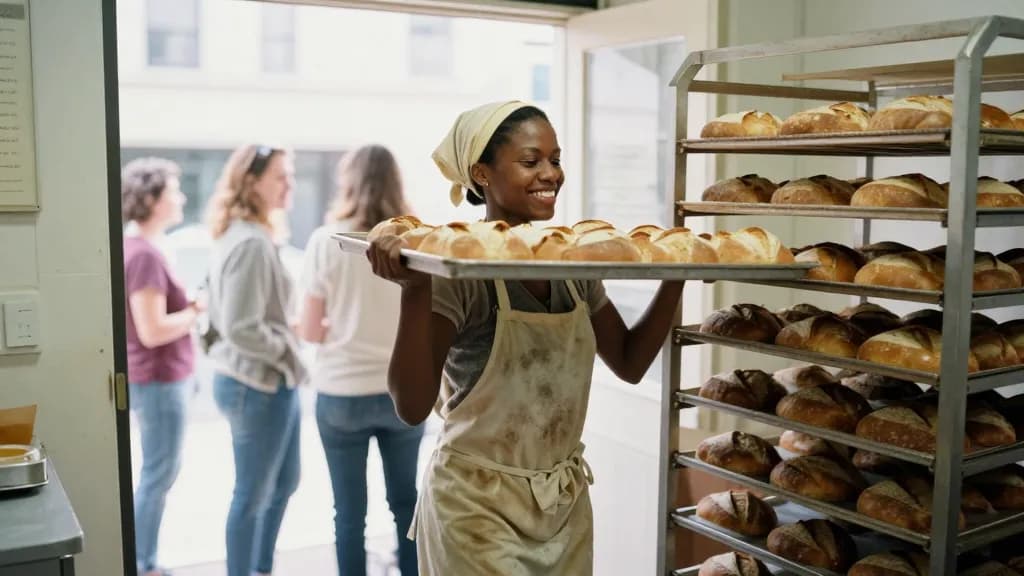 A Black woman in her late twenties with hair tied under a cotton scarf is lifting a full tray of finished loaves onto a cooling rack in a bright bakery mid m…