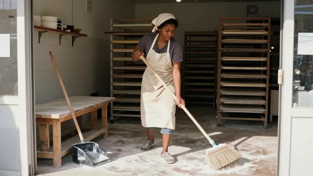 A Black woman in her late twenties with hair tied under a cotton scarf is sweeping flour from the bakery floor in the early afternoon, the racks half empty a…