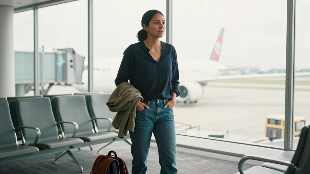 A Latina woman in her mid twenties with dark hair pulled back tight is standing at an airport departure gate with a rucksack at her feet and a folded jacket…
