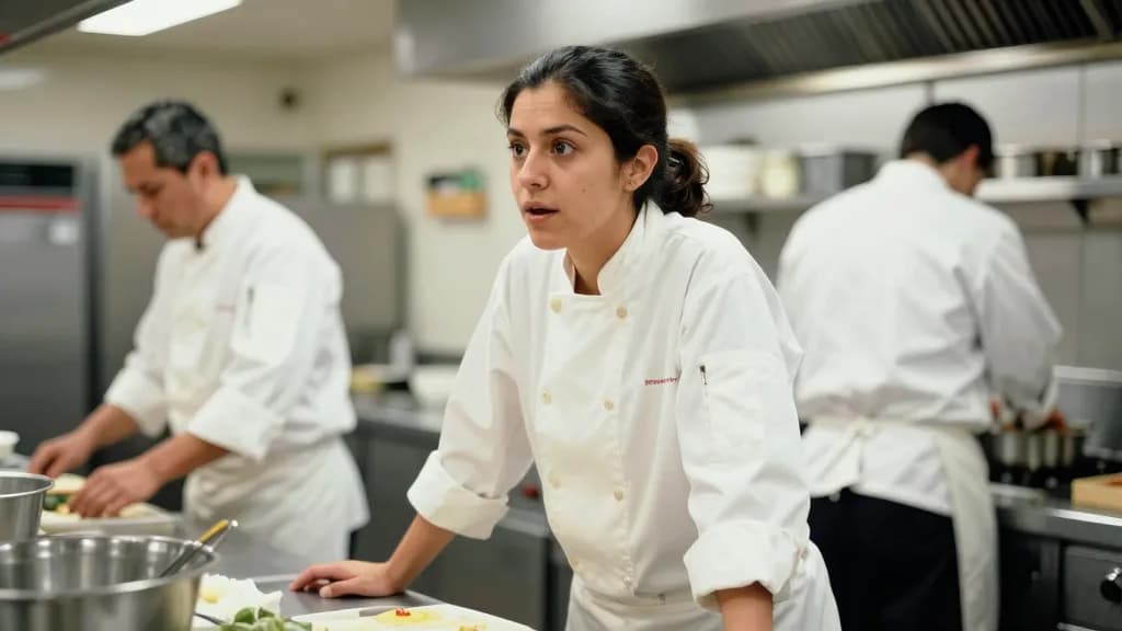 A Latina woman in her mid twenties with dark hair pulled back tight is on her first shift in a busy professional kitchen wearing a borrowed white jacket that…