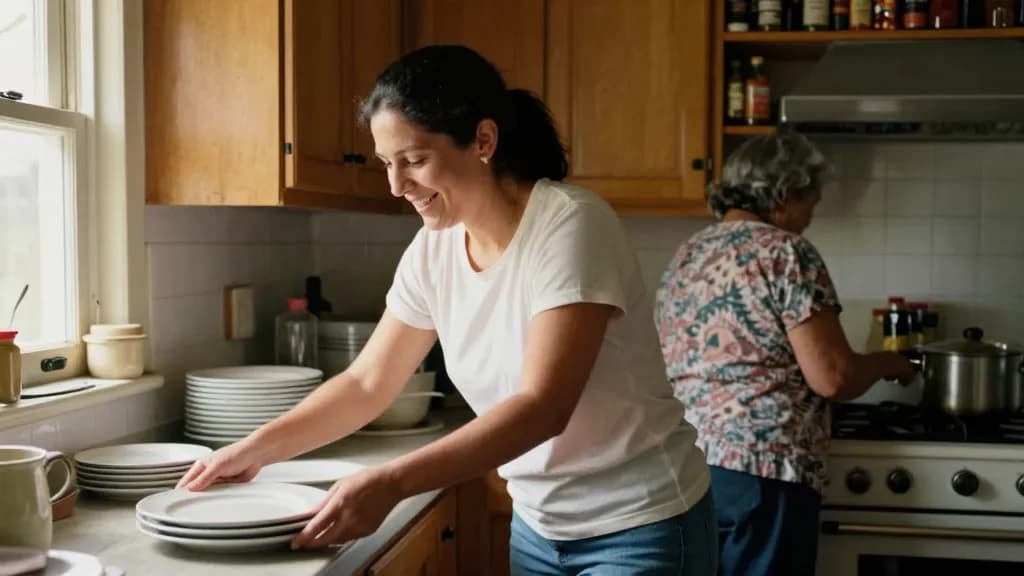 A Latina woman in her mid twenties with dark hair pulled back tight is in her mother's home kitchen moving easily around an older woman at the stove, worn cu…