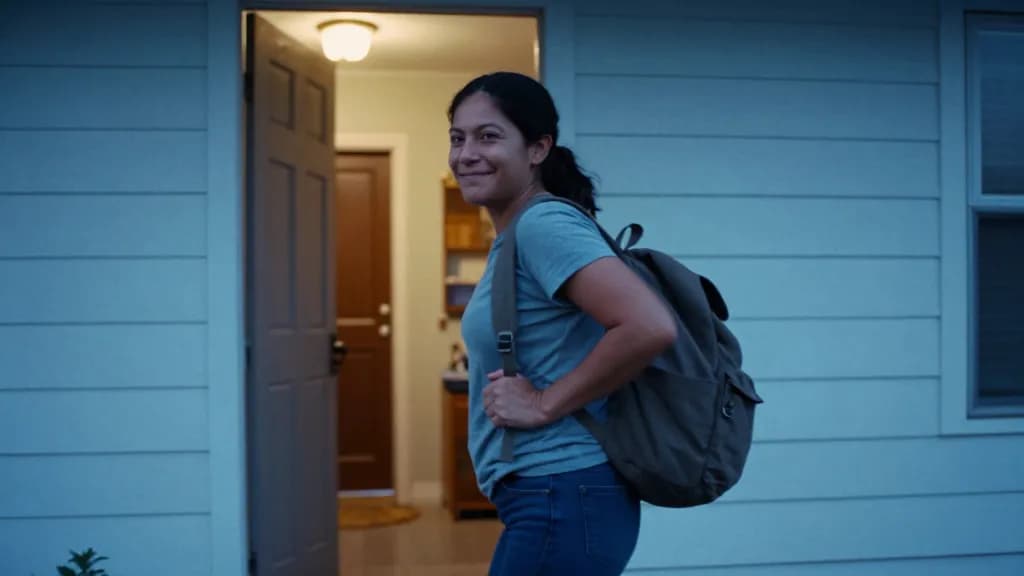 A Latina woman in her mid twenties with dark hair pulled back tight is standing on the front step of the family house at dawn with a rucksack on one shoulder…