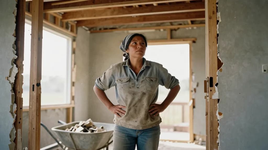 A Latina woman in her late thirties with dark hair scraped back under a bandana is standing in the gutted shell of a house she is stripping back, lath and ba…