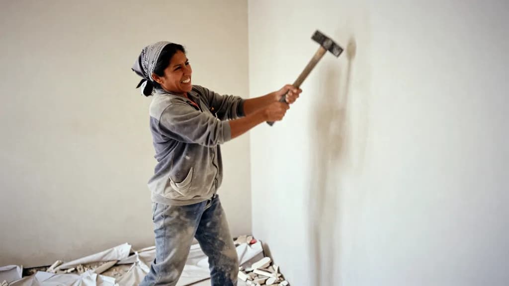 A Latina woman in her late thirties with dark hair scraped back under a bandana is swinging a lump hammer into a plaster wall, a cloud of dust around the imp…