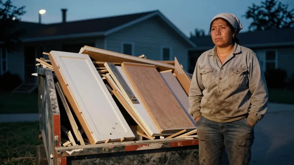 A Latina woman in her late thirties with dark hair scraped back under a bandana is standing beside a full skip on a driveway at dusk, broken plasterboard and…
