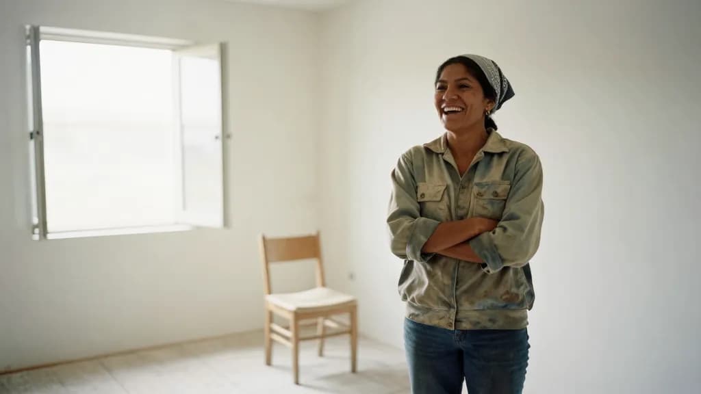 A Latina woman in her late thirties with dark hair scraped back under a bandana is standing in the same room replastered and painted, bare boards swept and a…