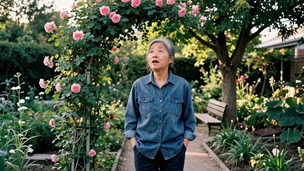 An East Asian woman in her early fifties with grey-streaked hair tied back is standing in a mature back garden in high summer, a heavy climbing rose over an…