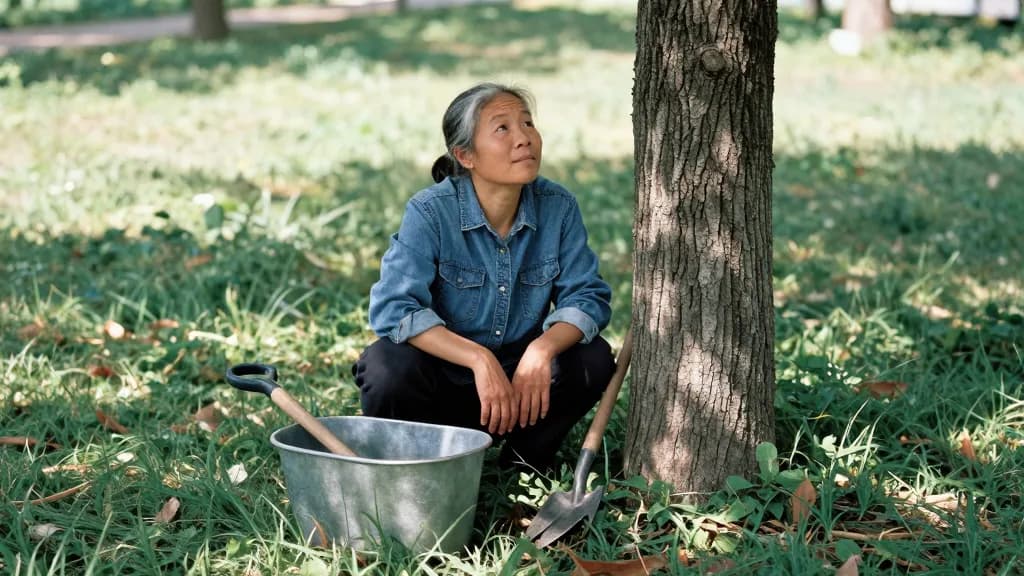 An East Asian woman in her early fifties with grey-streaked hair tied back is kneeling at the base of the established tree clearing weeds from around its tru…