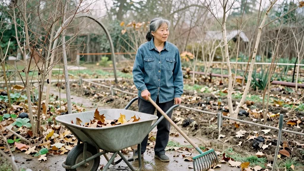 An East Asian woman in her early fifties with grey-streaked hair tied back is standing in the same garden in late autumn with the borders cut back and the tr…