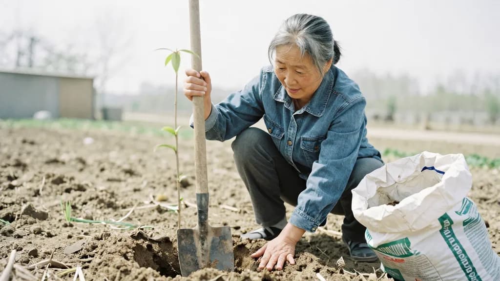 An East Asian woman in her early fifties with grey-streaked hair tied back is planting a young whip of a tree in a freshly dug hole at the far end of the gar…
