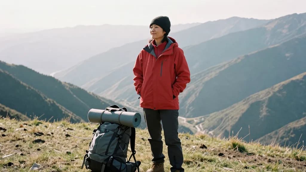 An East Asian woman in her late twenties with hair tied back under a beanie is standing on an open ridge line with a wide valley falling away behind her, a r…
