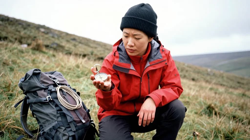 An East Asian woman in her late twenties with hair tied back under a beanie is crouched on a grassy slope taking a compass bearing, the rucksack propped besi…