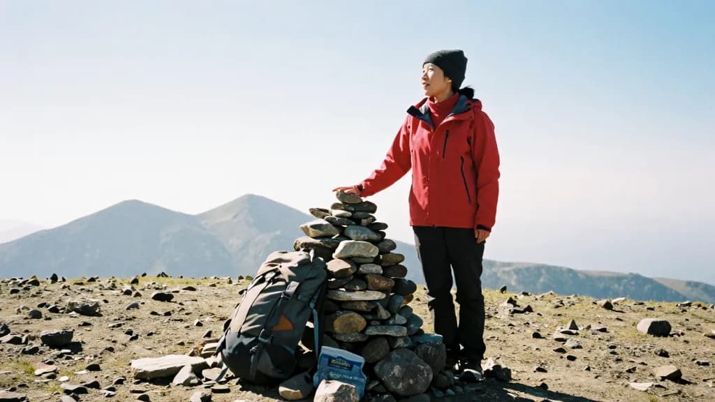 An East Asian woman in her late twenties with hair tied back under a beanie is standing at a cairn on a broad summit with three distinct peaks visible on the…