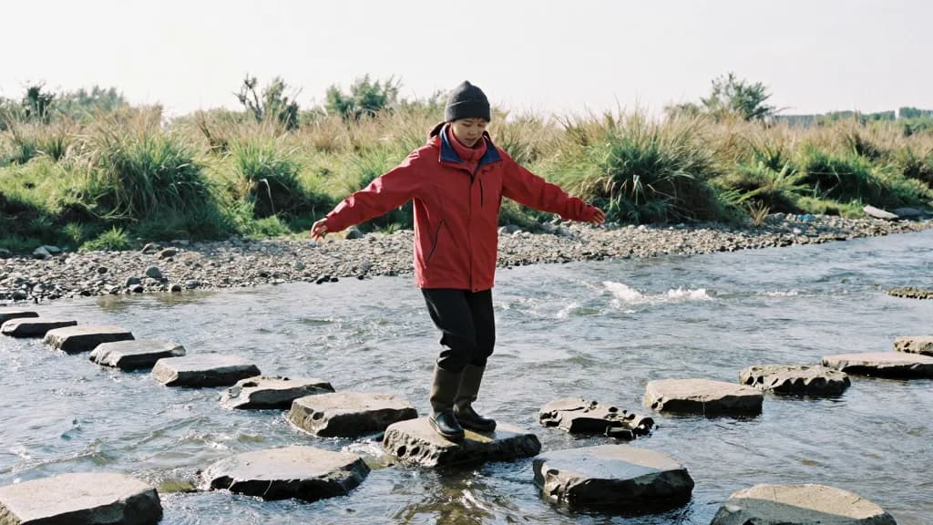 An East Asian woman in her late twenties with hair tied back under a beanie is standing mid-stream on stepping stones in a shallow braided river, several cha…