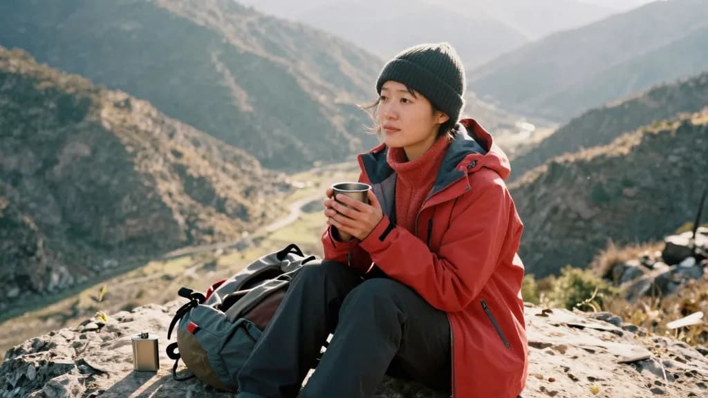 An East Asian woman in her late twenties with hair tied back under a beanie is sitting on a rock outcrop high above the valley with the entire basin laid out…