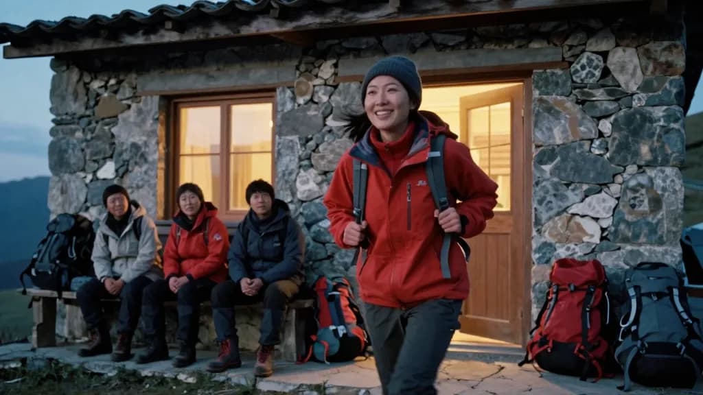 An East Asian woman in her late twenties with hair tied back under a beanie is arriving at a stone mountain hut at dusk where three other walkers are already…