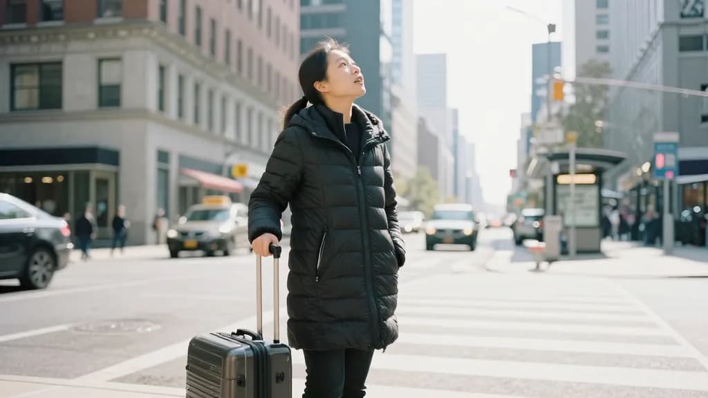 An East Asian woman in her early thirties with a long dark ponytail is standing on a city street corner with a wheeled case beside her, looking up at unfamil…