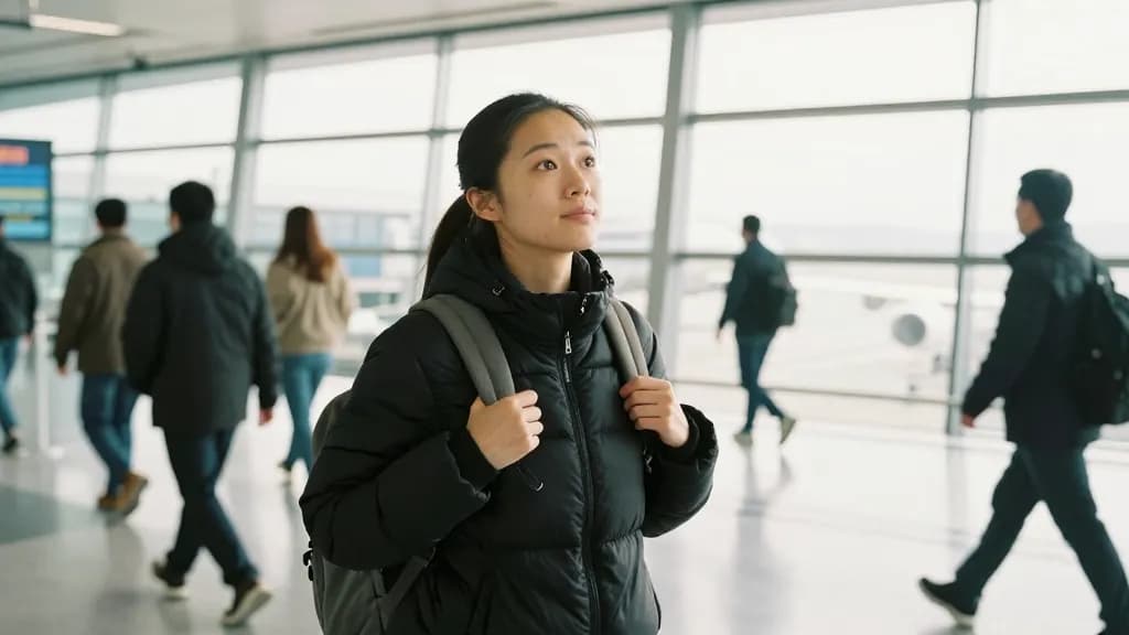 An East Asian woman in her early thirties with a long dark ponytail is standing at an airport departures board area with a rucksack on one shoulder, travelle…