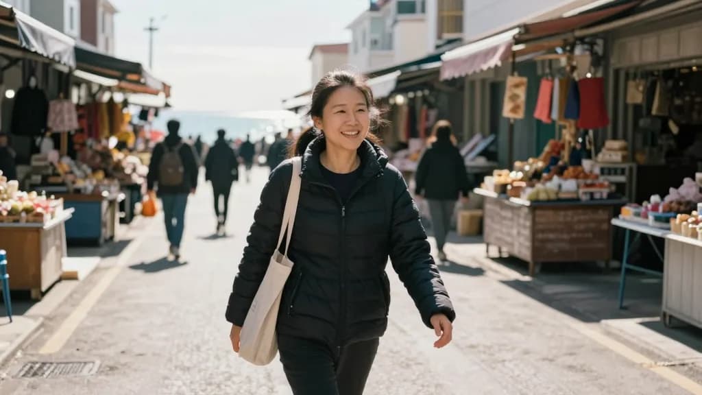 An East Asian woman in her early thirties with a long dark ponytail is walking a busy market street in a warm coastal city in a t-shirt, stalls and awnings o…