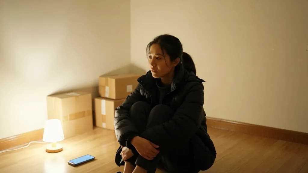 An East Asian woman in her early thirties with a long dark ponytail is sitting on the floor of a bare rented flat late at night with a phone face down beside…