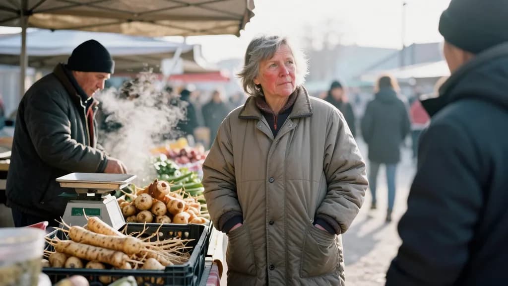A white woman in her early sixties with short weathered grey hair is standing behind a covered market stall on a cold morning with her husband working the fa…