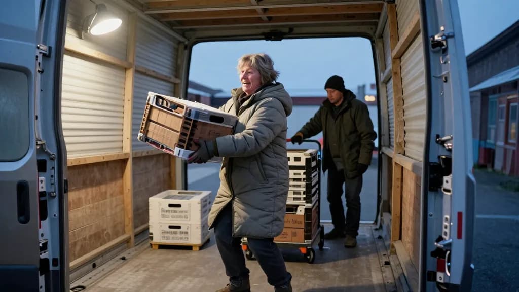 A white woman in her early sixties with short weathered grey hair is unloading crates from a van into the empty market hall before dawn alongside her husband…