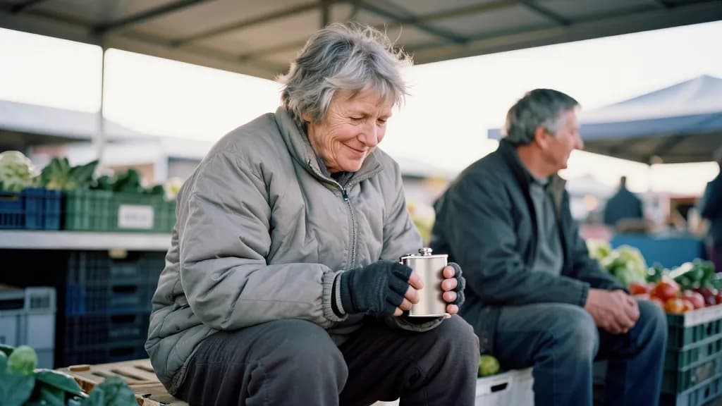 A white woman in her early sixties with short weathered grey hair is sitting on an upturned crate at the back of the stall during a quiet hour with a flask c…