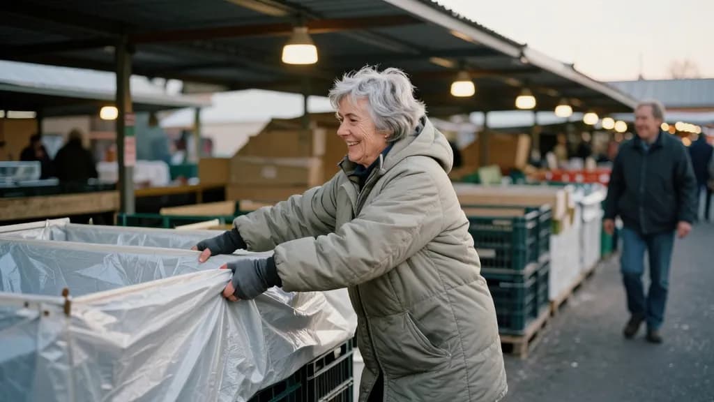 A white woman in her early sixties with short weathered grey hair is closing the stall at the end of the day pulling a tarpaulin over the empty crates, the m…