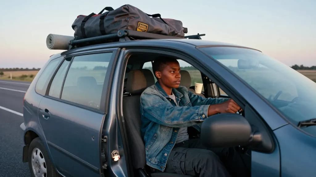 A Black woman in her late twenties with close-cropped hair is driving a loaded hatchback along an empty interstate at first light, the back seat stacked to t…