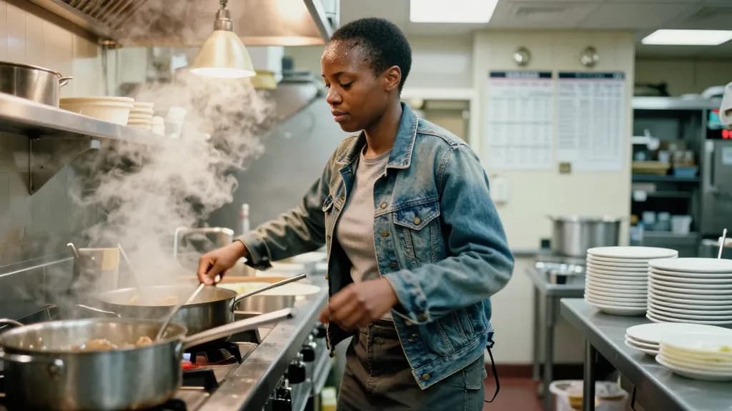 A Black woman in her late twenties with close-cropped hair is working the line in the back of a busy restaurant kitchen months later, steam rolling off a pas…