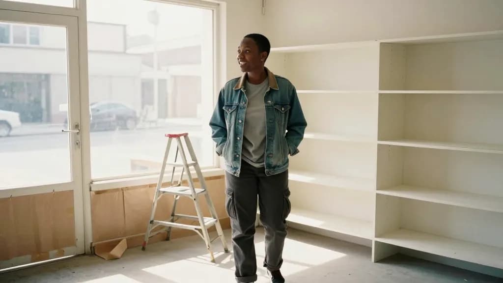 A Black woman in her late twenties with close-cropped hair is standing in the middle of her own small empty shop on opening morning, bare shelves freshly pai…