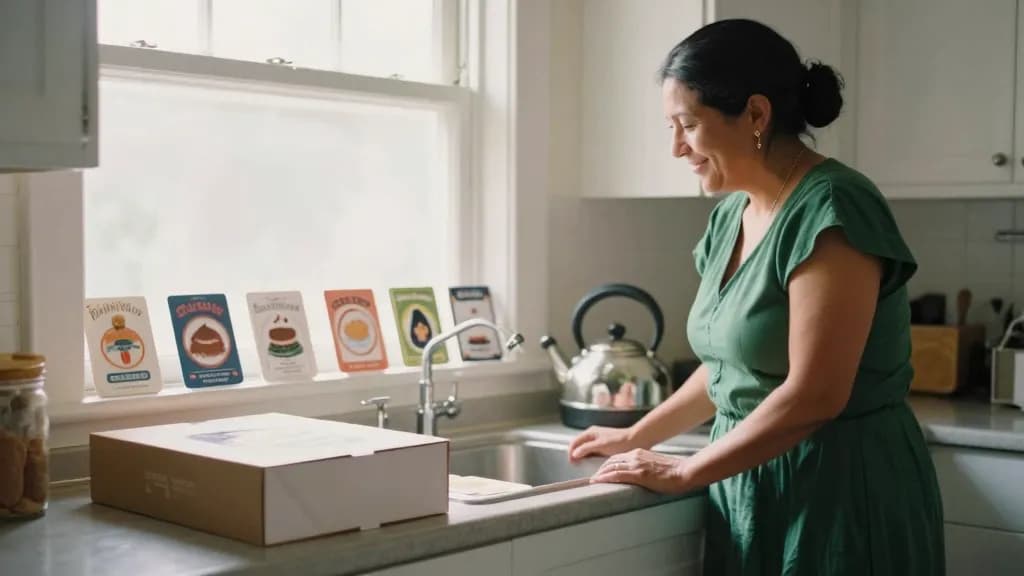 A Latina woman in her forties with dark hair in a low bun is standing in her kitchen on the morning of her birthday, a cake box unopened on the counter and c…