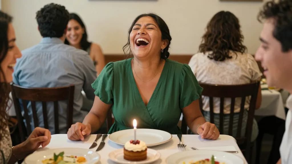 A Latina woman in her forties with dark hair in a low bun is at a small birthday dinner at a restaurant table with five friends, plates cleared and a candle…