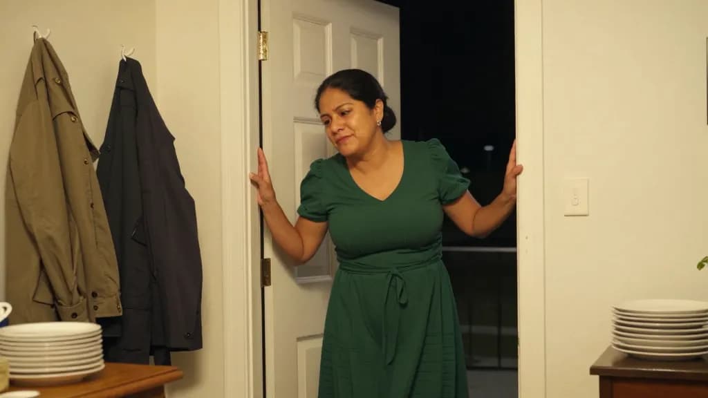 A Latina woman in her forties with dark hair in a low bun is standing at her front door late that night saying goodbye to the last guests, coats gone from th…