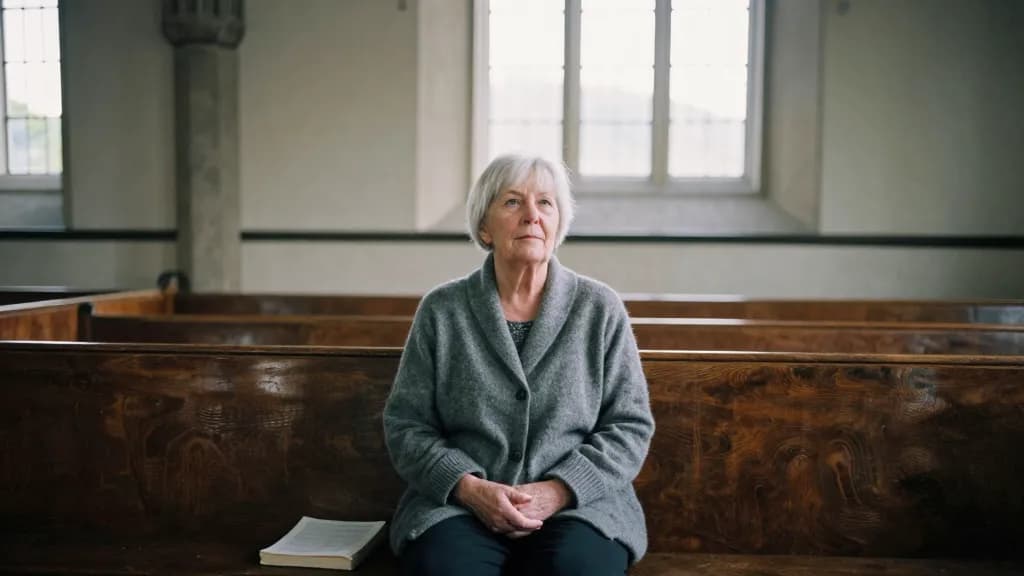 A white woman in her early sixties with silver hair cut short is sitting alone in the back pew of an empty village church in the early morning, stone pillars…