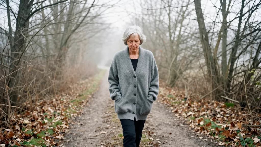 A white woman in her early sixties with silver hair cut short is walking a wooded path alone in early mist, bare trees close on both sides and leaf litter un…