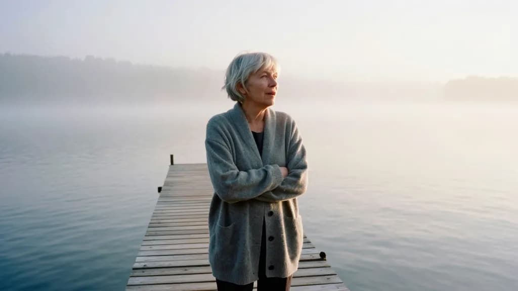 A white woman in her early sixties with silver hair cut short is standing at the edge of a still lake at dawn with mist sitting on the water and the far bank…