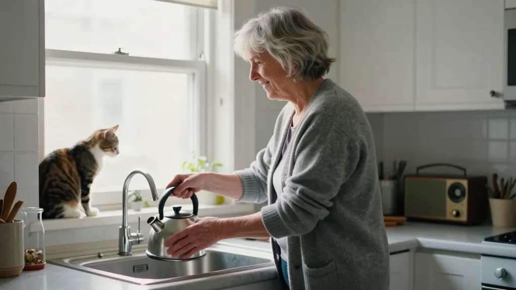 A white woman in her early sixties with silver hair cut short is in her own kitchen mid morning filling a kettle at the tap, a cat on the windowsill and a ra…